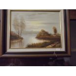 Framed oil on canvas, lake scene