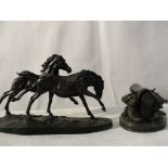 A bronze riding group; together with a bronze study of a saddle,