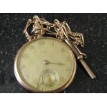 A slim gold-plated Tempo pocket watch on a 9ct Albert