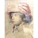 A colour print depicting a head study of a man, probably after Rembrandt,