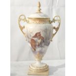 A Royal Worcester blush ivory vase, hand painted with fox hunting  CONDITION REPORT: Minor chip to