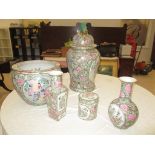 A collection of famille rose to inc ginger jar, fish bowl,