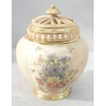 A Royal Worcester blush ivory lidded pot pourri jar with floral decoration