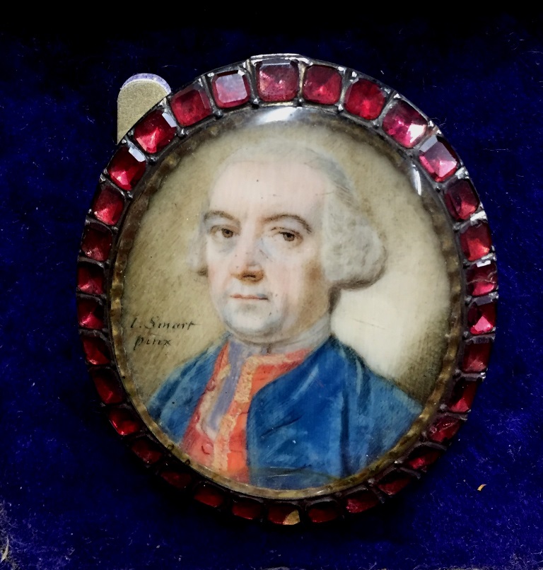 John Smart (1741-1811): A cased portrait miniature of a gentleman in blue jacket, signed 'J.