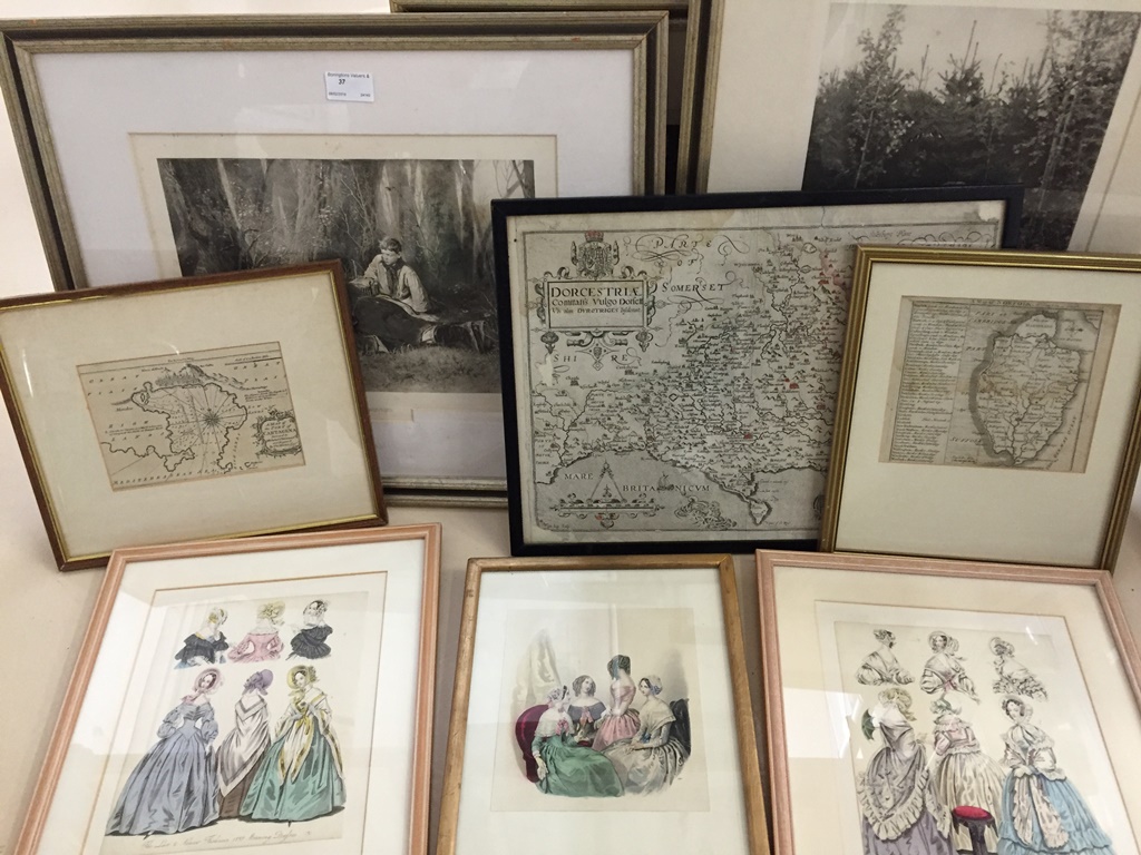 A collection of nine pictures to inc Russian monochrome lithographs; together with maps of Norfolk,