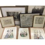 A collection of nine pictures to inc Russian monochrome lithographs; together with maps of Norfolk,