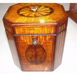 A Regency octagonal tea caddy with ivory finial inlay and burnt work panels