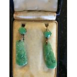 9ct jade drop earrings in the Oriental style,
