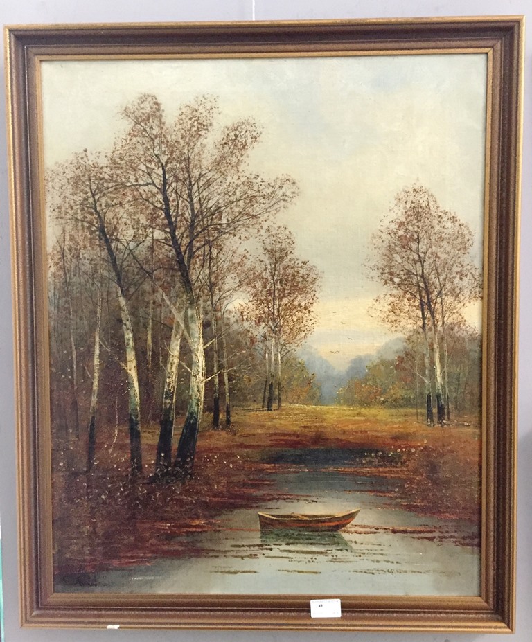 English School (19th century): A wooded river landscape, oil on canvas, signed lower left,