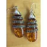 A pair of amber and marcasite drop earrings
