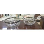 Two HM silver rimmed cut crystal salad bowls with HM silver servers