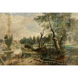 After John Constable (1776-1837): Figures by a lock in a river landscape, watercolour,