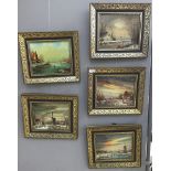 A set of five oil on panels depicting winter river scenes in the early Dutch manner, each signed,