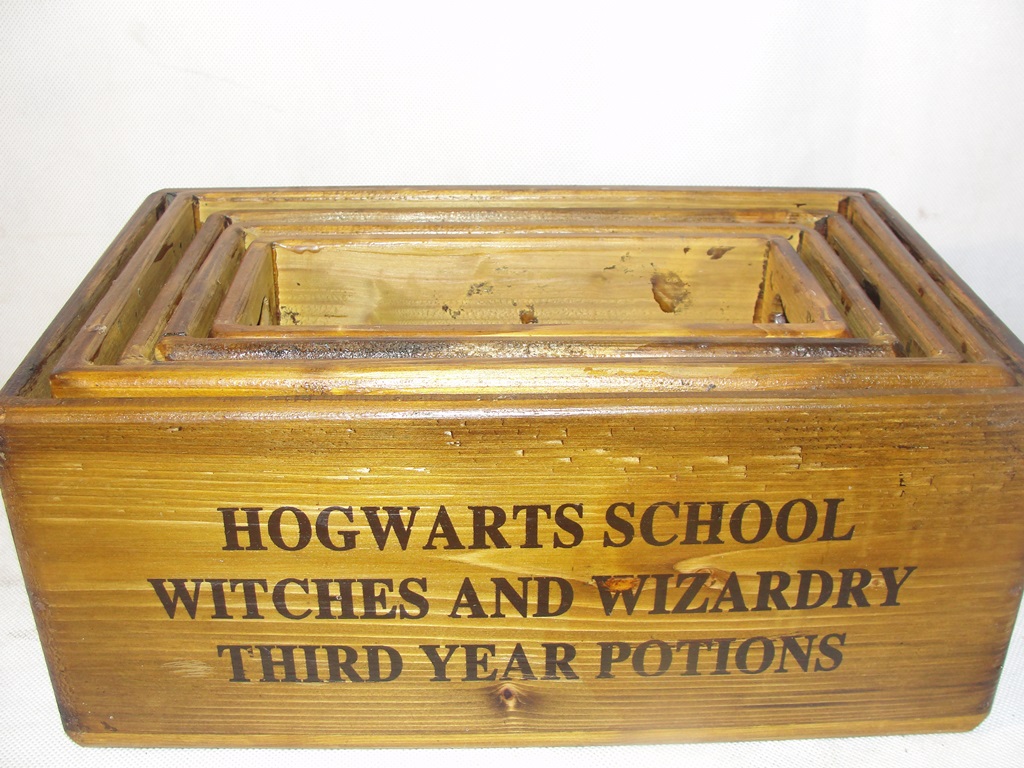 A set of five wooden 'Hogwarts' boxes