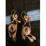 19th C 14k gold drop pendant earrings of miniature mosaics,