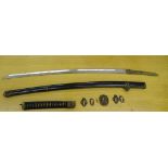 A Japanese Katana, with watered blade & black laquered sheath, military style furniture,