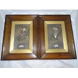 A pair of a relief pictures depicting owls on flowering branches,