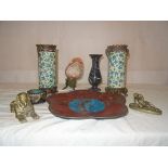 A pair of Longwy metal mounted vases, cloisonne dish,