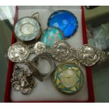 A box of jewellery to inc pocket watches, silver brooches,