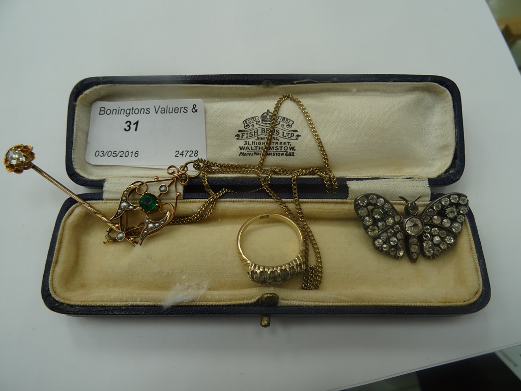 A diamond set tie pin; together with a Victorian butterfly brooch,