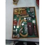 A box of odds to inc lighters, amber handled knife, horn & silver items,