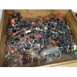 A box of lead military figures mainly on horseback