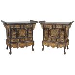 Two Chinese Carved Bone and Wood Cabinets: 19th century Each bearing two doors and two drawers in