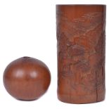 A Chinese Bamboo Brushpot and Large Fruit Stone Water Sprinkler: 19th century The brushpot carved