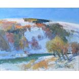 Continental School (20th century): A river running through a snow topped valley, oil on canvas,