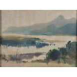 Shiy De-Jinn (Xi Dejin, Chinese, 1923-1981): A river landscape with mountains beyond, watercolour,