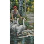 Russian School (19th century): A figure driving geese, oil on canvas,
