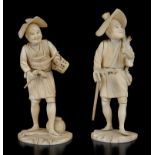 Two Japanese Ivory Okimono: Meiji Period To include: a peasant carrying a stick and a basket,