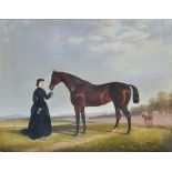English School (19th Century): A lady feeding a horse in a landscape,oil on canvas,