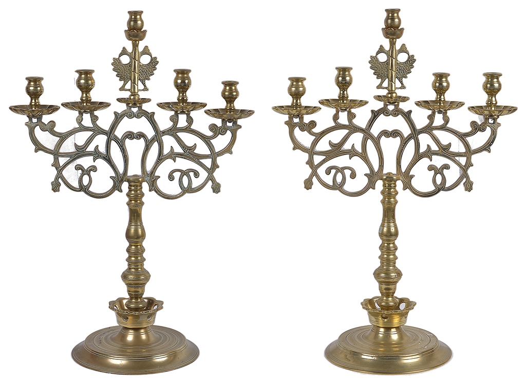 A Pair of Late 19th Century Polish Five-Branch Brass Candelabra: With campana-shaped sconces and