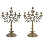 A Pair of Late 19th Century Polish Five-Branch Brass Candelabra: With campana-shaped sconces and