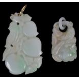Two Green and White Jade Peach Carvings: One with carved jade suspension with bird on peach