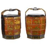 A Pair of Red Lacquered Chinese Wedding Baskets: decorated with gilded figural scenes.