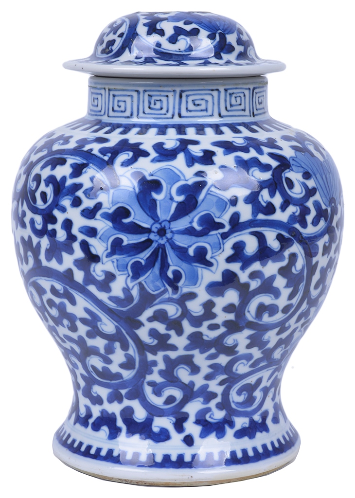 A Chinese Blue and White Jar with Lid: 19th century The bulbous body with slightly slanting foot