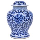 A Chinese Blue and White Jar with Lid: 19th century The bulbous body with slightly slanting foot