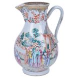 A Chinese Famille Rose Ewer: 18th century The bulbous body finely decorated with figures engaged in