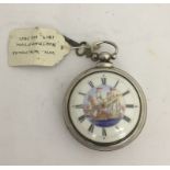 A 19th century silver pair cased pocket watch with enamelled ships to dial, by William Whithore,