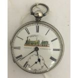 A 19th century silver pocketwatch with painted locomotive to dial and railway timekeeper