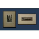 Two framed engravings Notre Dame and a rural scene