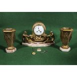 An Art Deco bronze and marble clock garniture