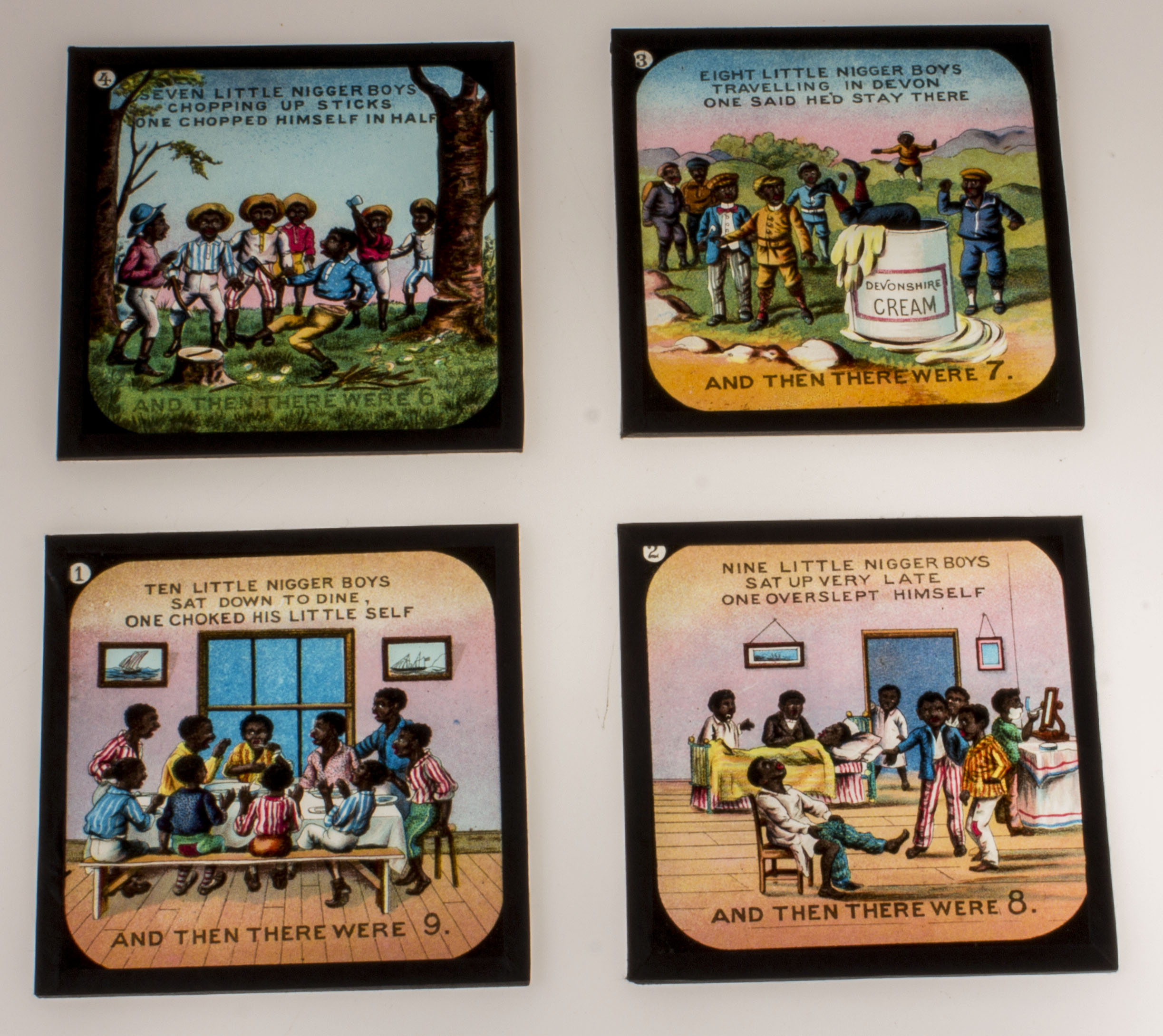 A box containing Primus coloured lantern slides 'Ten Little Nigger Boys' complete set of eight - Image 2 of 3