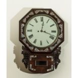 A Regency rosewood fusee wall clock with mother of pearl inlays, working order.