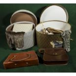 Two vintage hat boxes containing gloves and handbags etc