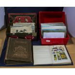 A selection of postcards and photographs, railway postcards and cigarette cards