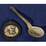 An early bone spoon together with an ivory and bronze plaque