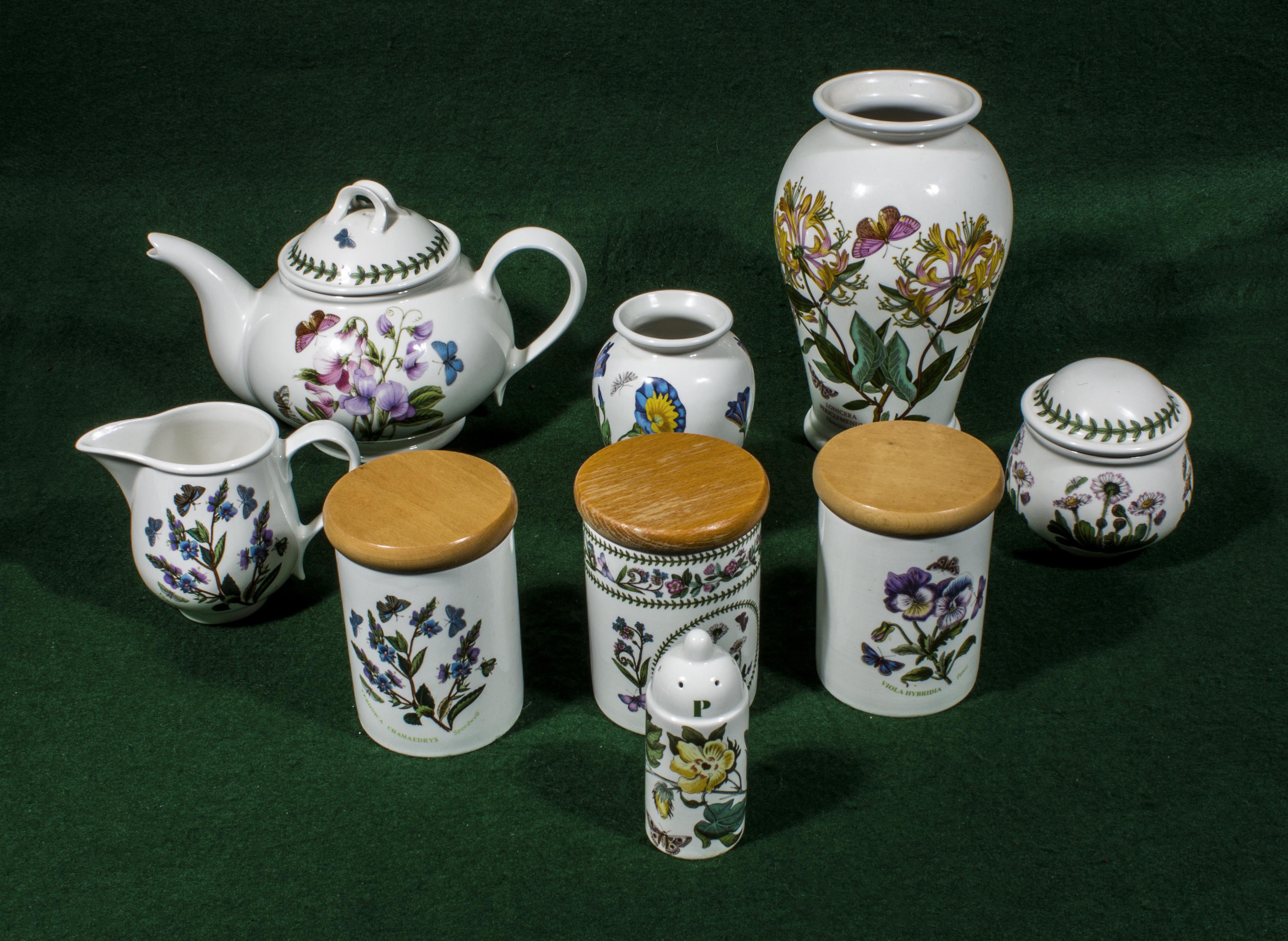 Portmeirion Botanic Garden ware including teapot, cream and sugar, three storage jars, two vases and
